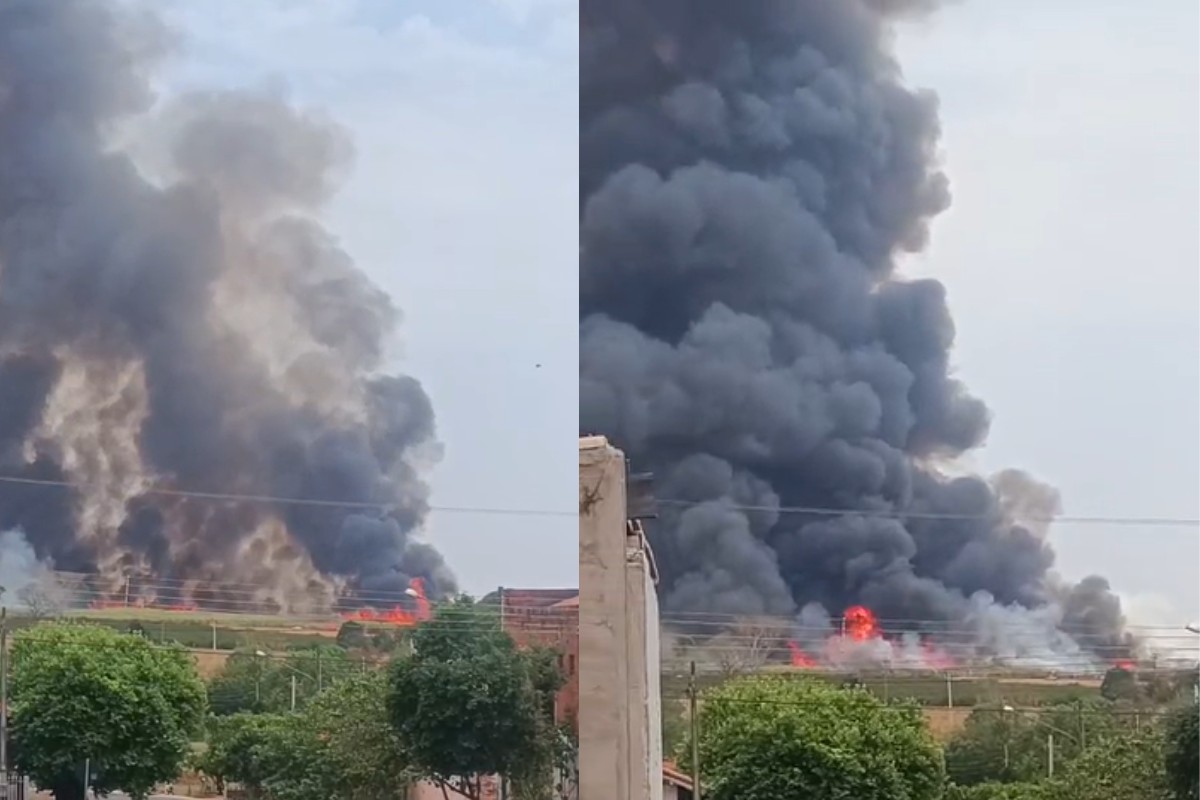 VÍDEO: fumaça preta chama atenção após incêndio de grandes proporções em canavial em Monte Castelo