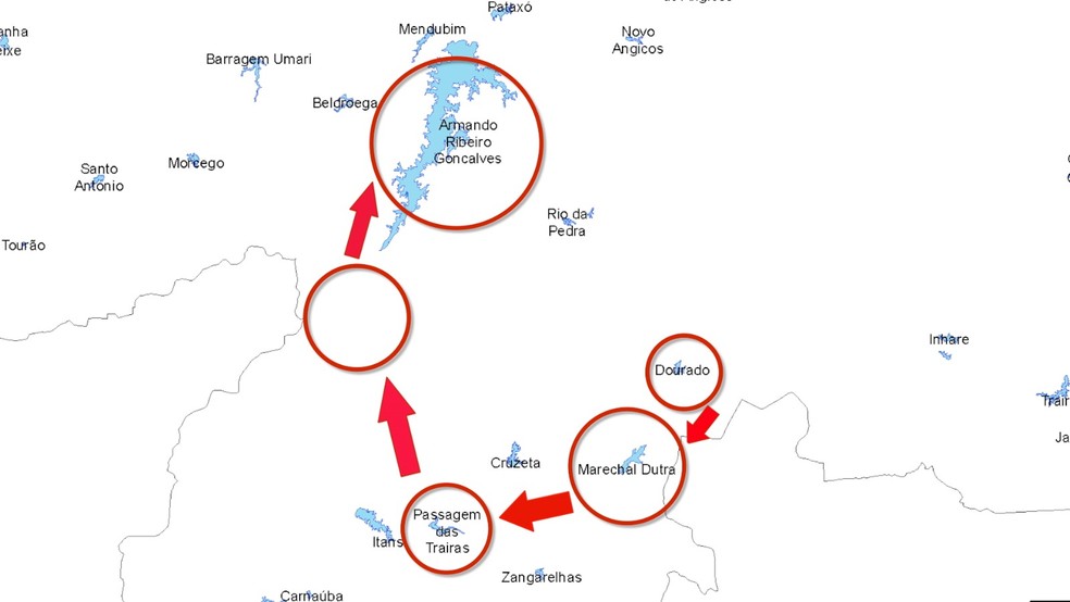 Mapa mostra caminho feito pela água, entre reservatórios no interior do Rio Grande do Norte — Foto: Inter TV Cabugi