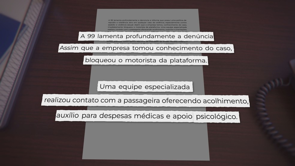 Nota da 99 sobre a tentativa de abuso do motorista contra a jovem. — Foto: Reprodução/TV Globo