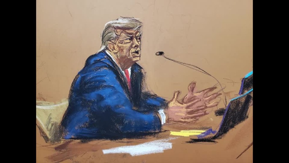Trump confronta juiz durante audiência e magistrado diz a advogado: 'Controle seu cliente' — Foto: REUTERS/JANE ROSENBERG SKETCHES