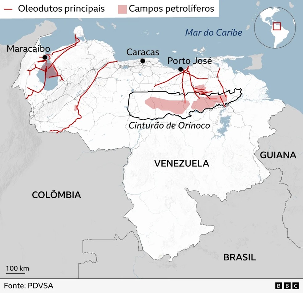 Mapa de oleodutos e campos petrolíferos na Venezuela. — Foto: PDVSA via BBC