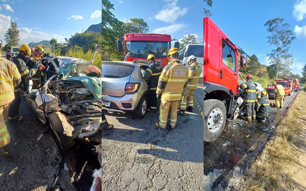 Homem de 36 anos morre após acidente entre carro e caminhão na MG-350, em Delfim Moreira — Foto: Corpo de Bombeiros