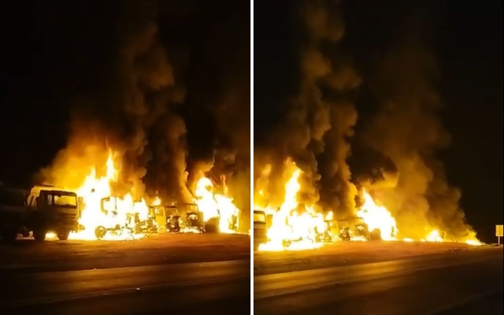 Caminhões pegam fogo na BR-153, em Goiás — Foto: Divulgação/PRF