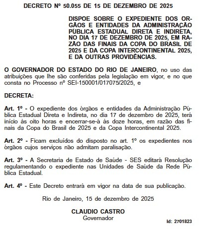 Ponto facultativo no RJ na quarta é publicado em Diário Oficial