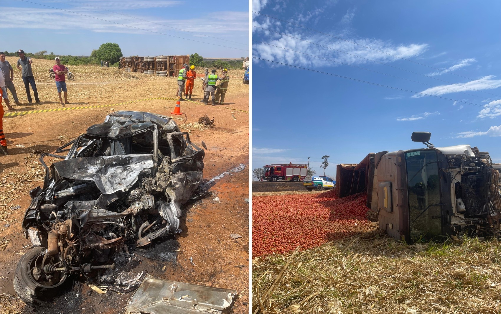 Duas pessoas morrem após carro pegar fogo durante batida com carreta em rodovia de Goiás 