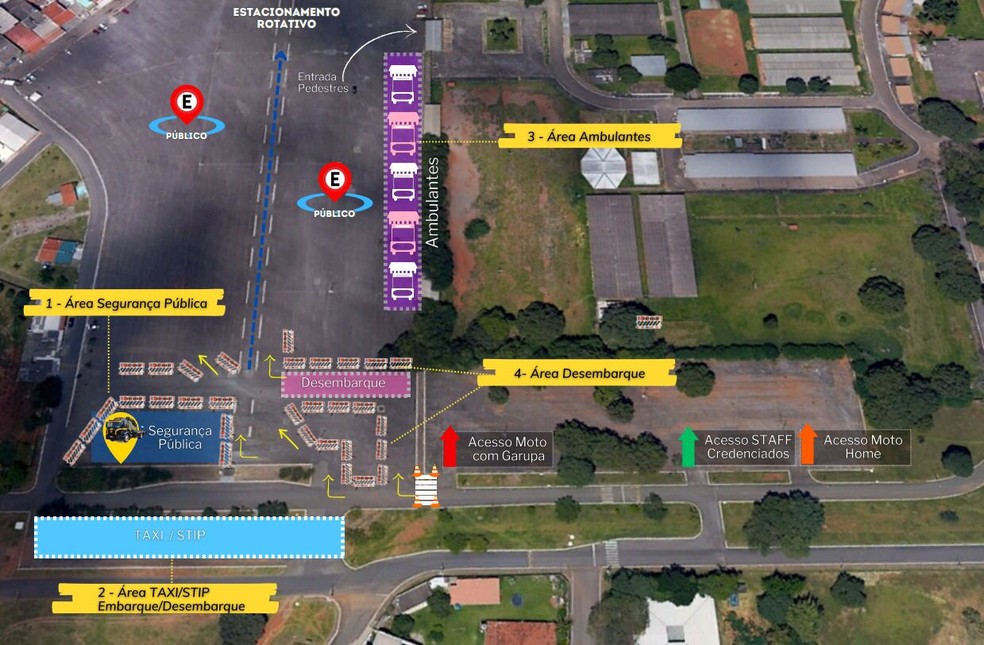 Mapa do Parque de Exposições da Granja do Torto onde é realizado o Capital Moto Week 2023. — Foto: Reprodução/Detran-DF