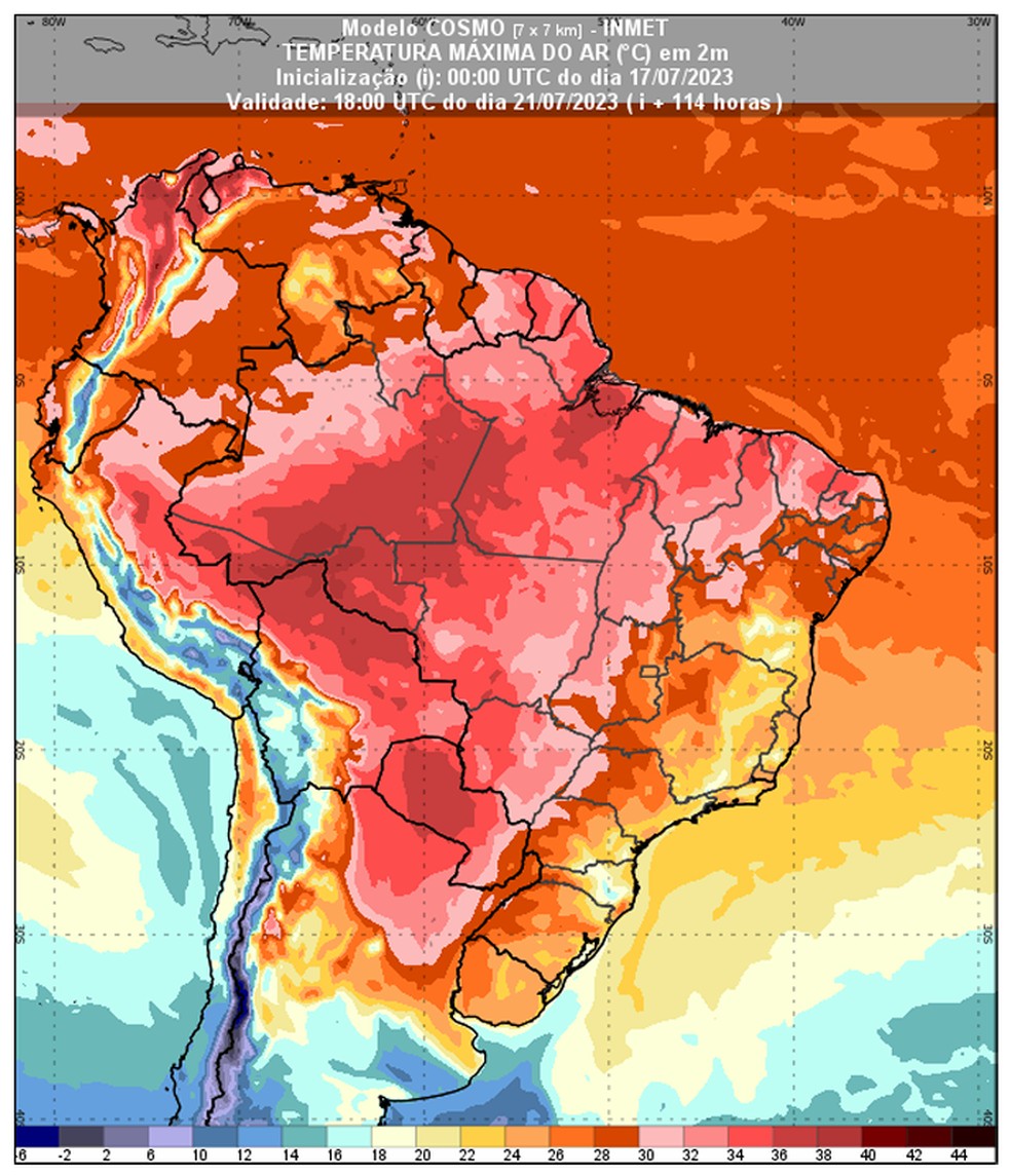 Previsão de temperatura máxima para o dia 21 de julho de 2023, às 15h (horário de Brasília). — Foto: INMET