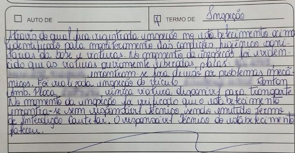 Documento da inspeção feita na Guardiões Resgate aponta problemas nas ambulâncias e falta de responsável técnico — Foto: TV Integração/Reprodução