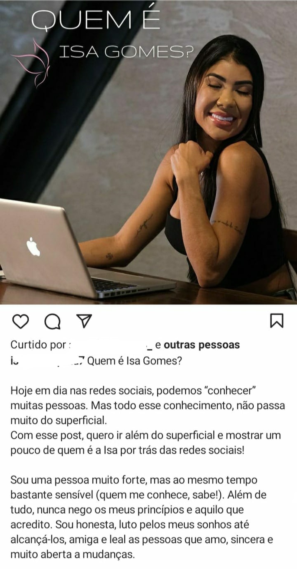 Isa fez um post na rede social se apresentando — Foto: Redes Sociais / Divulgação