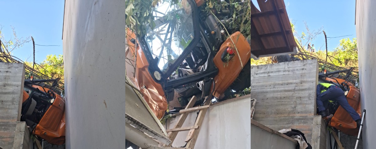 Trator despenca de morro e atinge casa em Brusque