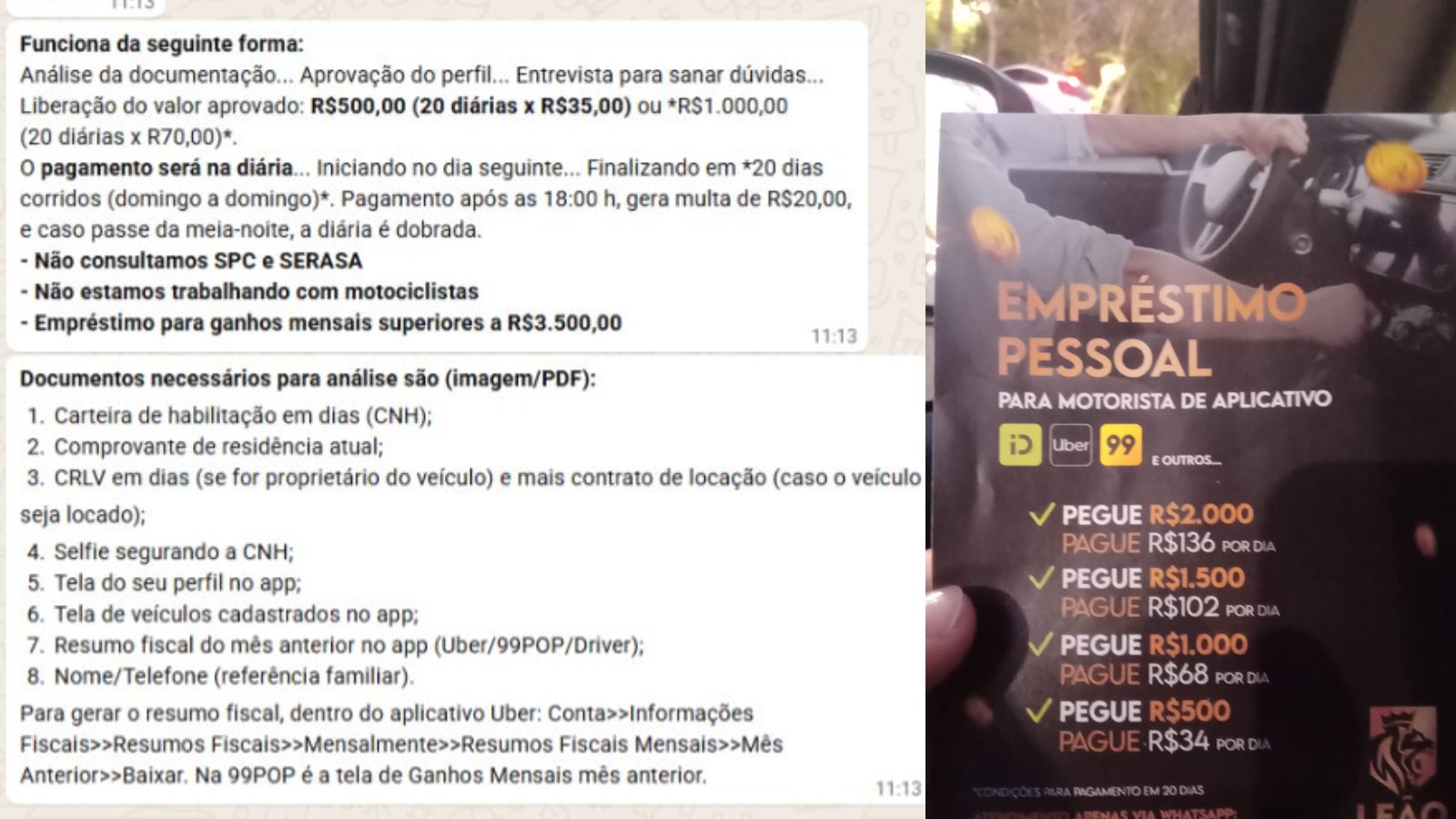 Agiotas distribuem panfletos oferecendo empréstimos com juros de 40% para motoristas de app e cobram multas diárias de até R$ 70