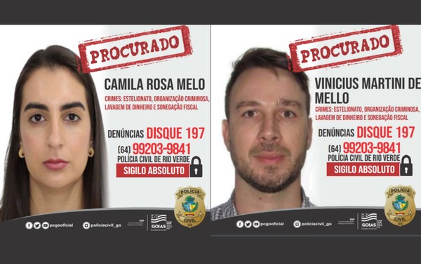Camila Rosa Melo e Vinicius Martini de Mello são casados e são procurados pela Polícia Civil de Goiás — Foto: Divulgação/Polícia Civil