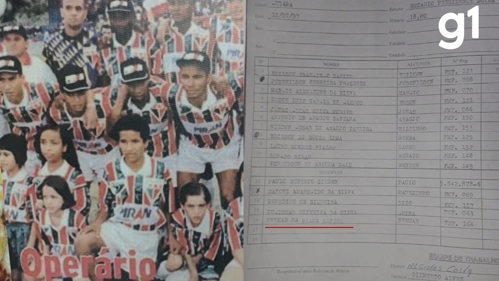 Neymar Pai durante partida pelo Operário Várzea-Grandense em 1997 (primeiro jogador da direita para a esquerda). À direita, lista oficial do elenco da equipe, que inclui o nome do ex-jogador. — Foto: Reprodução- Satutino
