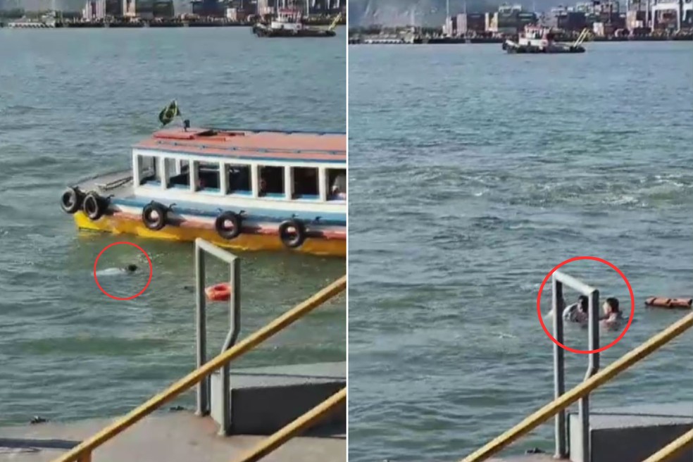 Imagens mostram homem que pulou de barca por suposta aposta de R$ 50 reais sendo resgatado desmaiado no litoral de SP — Foto: Reprodução