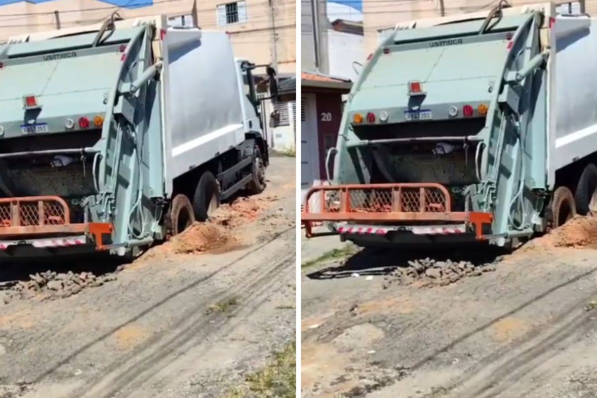 Caminhão afunda em rua no Jardim Panorama, em Caçapava; veja vídeo