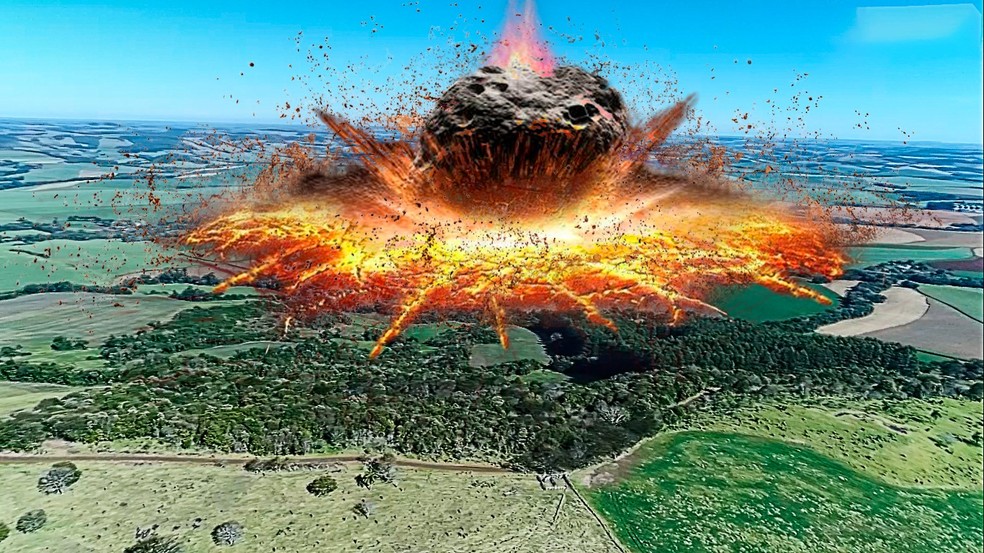 Simulação do meteorito atingindo a região há milhares de anos — Foto: Reprodução