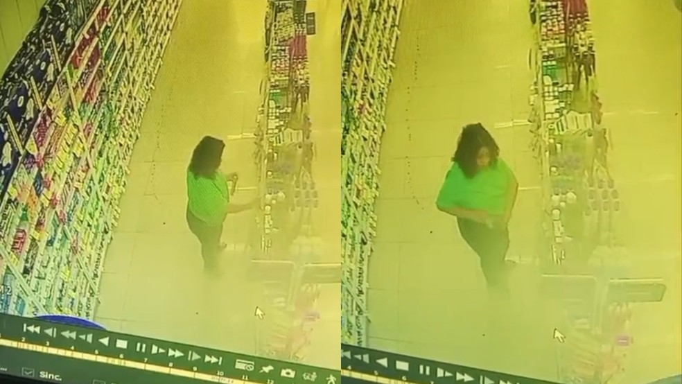 Mulher foi flagrada por câmera de segurança furtando farmácia em Beberibe, no Ceará. — Foto: Reprodução