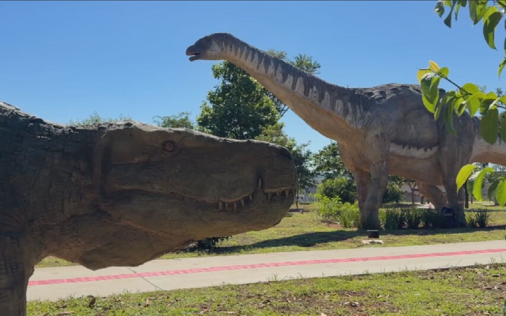 Conhecida pela descoberta de fósseis, Uchoa (SP) inaugura Parque dos Dinossauros com réplicas em tamanho real — Foto: TV TEM/Reprodução