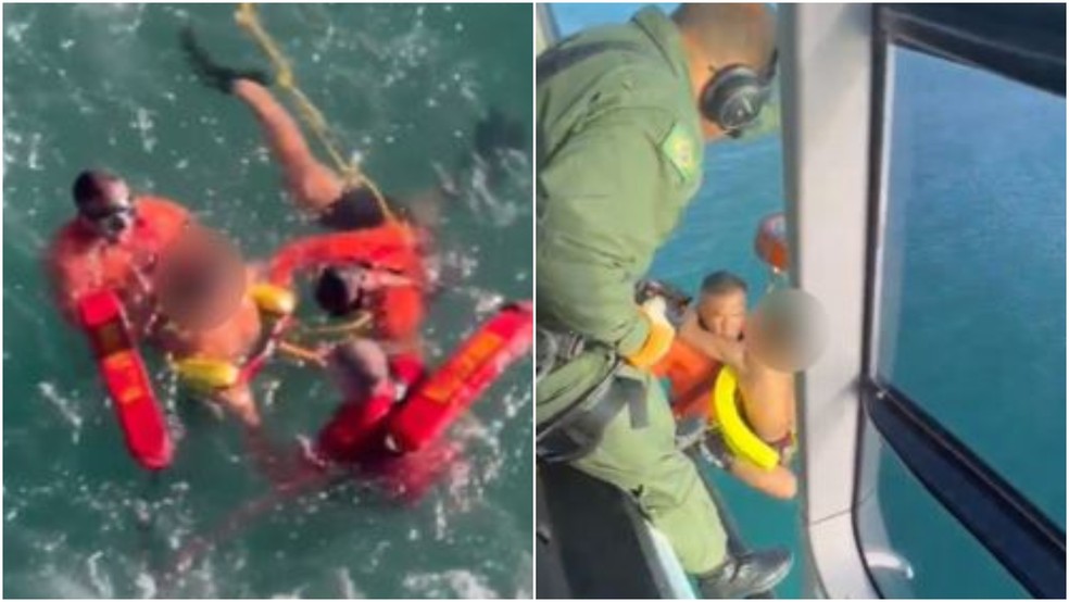 Vítima foi estabilizada em um flutuador de resgate e retirada do mar por meio do guincho elétrico da aeronave. — Foto: SSPDS/ Divulgação