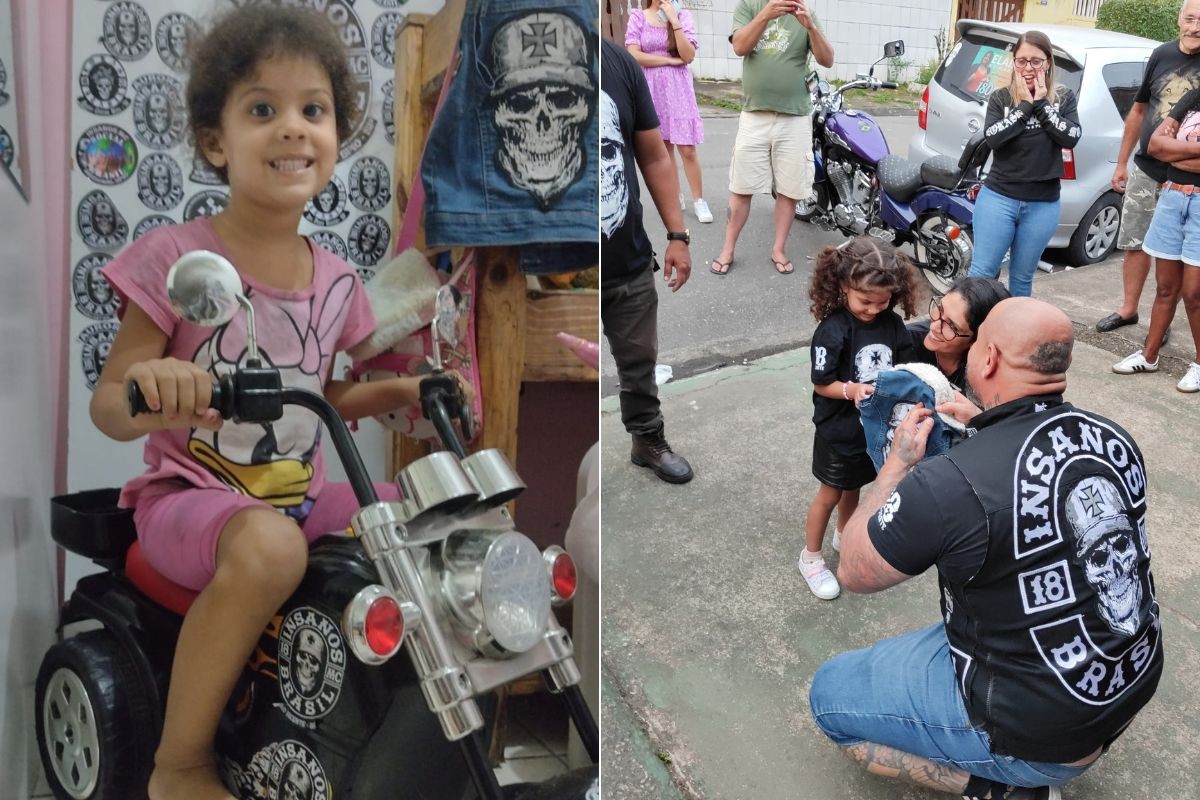 Menina vira 'mascote' de moto clube após colecionar adesivos do grupo e perder medo de dormir sozinha; VÍDEO