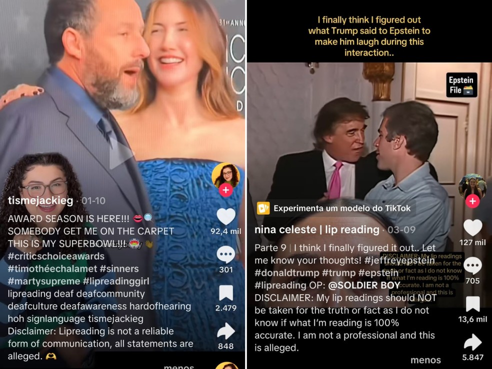 Influencers que fazem leitura labial colocam alertas para avisar que não se trata de uma dublagem 100% verdadeira — Foto: Reprodução/TikTok