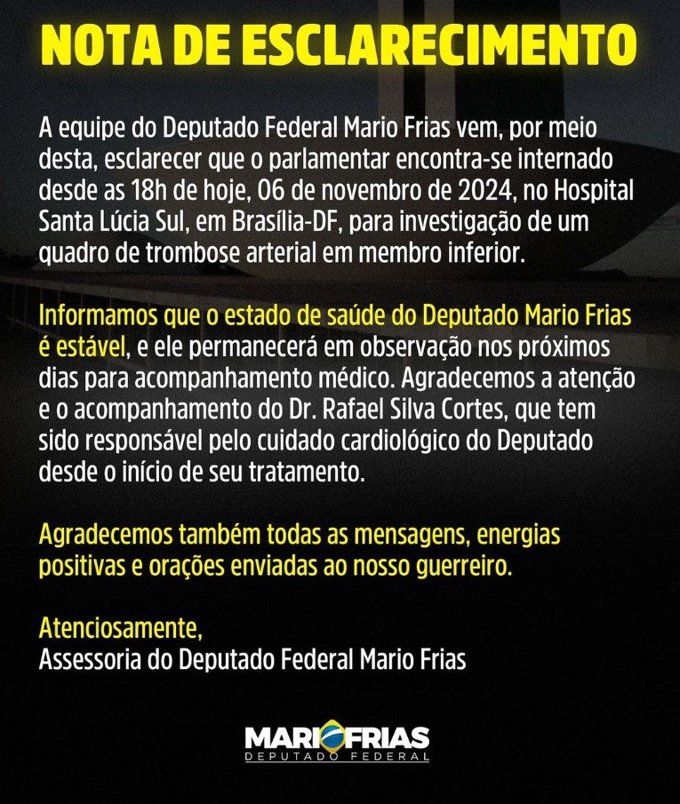 Deputado federal Mario Frias é internado com trombose em Brasília