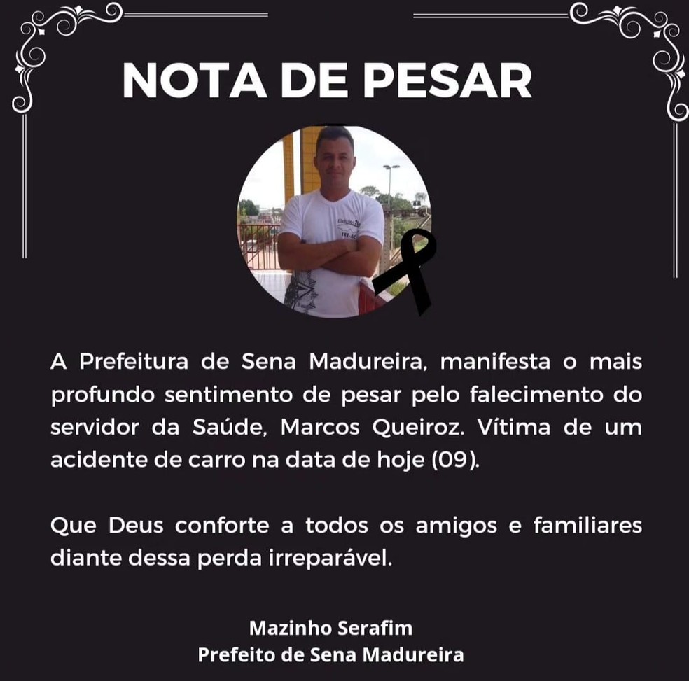 Prefeitura de Sena Madureira publicou uma nota de pesar pela morte do servidor — Foto: Reprodução