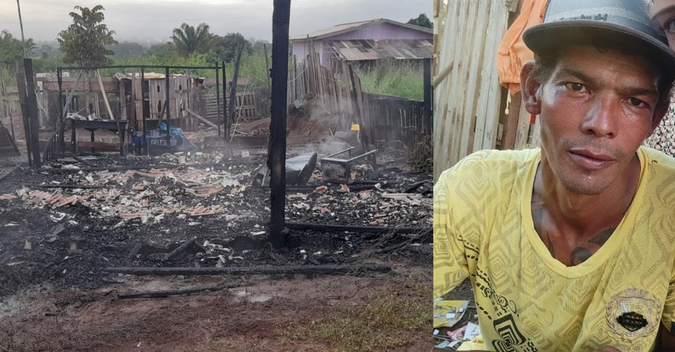 Geraldo de Souza Oliveira , 37 anos (à direita). Resto do que sobrou da casa que pegou fogo em Distrito de Espigão do Oeste, RO (à esquerda) — Foto: Reprodução/ redes sociais