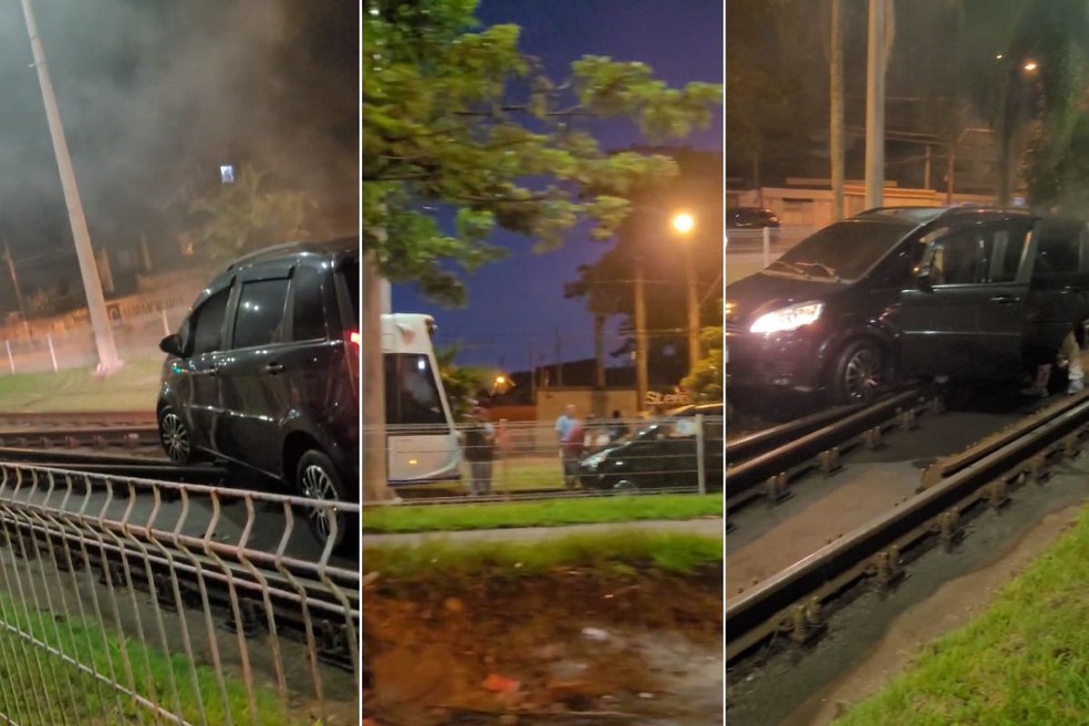 Motorista perde o controle e invade trilhos do VLT em São Vicente, SP — Foto: Luan Felipe
