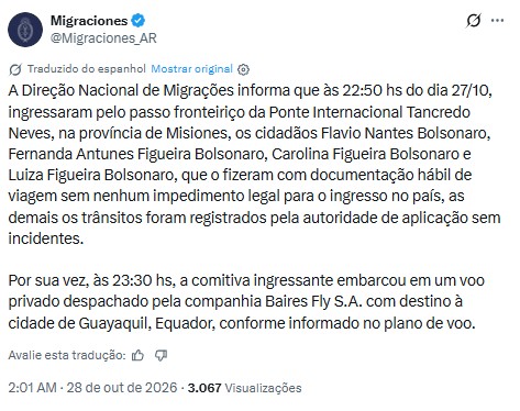 Flávio Bolsonaro e família entraram na Argentina e seguiram em voo privado para o Equador, diz Migração argentina