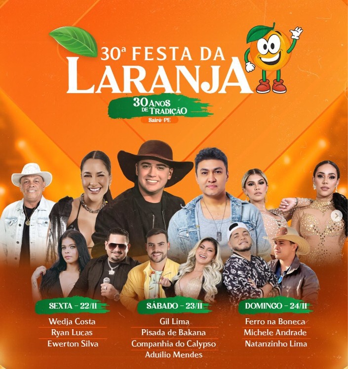 Natanzinho Lima, Companhia do Calypso, Ryan Lucas e mais; confira a programação da 30ª Festa da Laranja em Sairé 