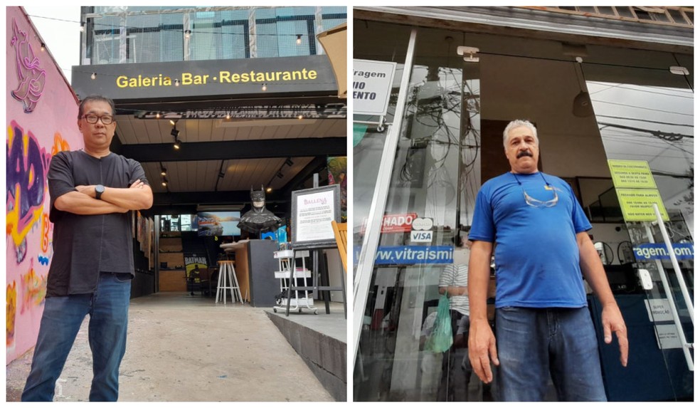 Os comerciantes Helder Kanamaro e Ramiro de Oliveira exigem retomadas das obras do piscinão da Vila Madalena. — Foto: Montagem/g1/Rodrigo Rodrigues