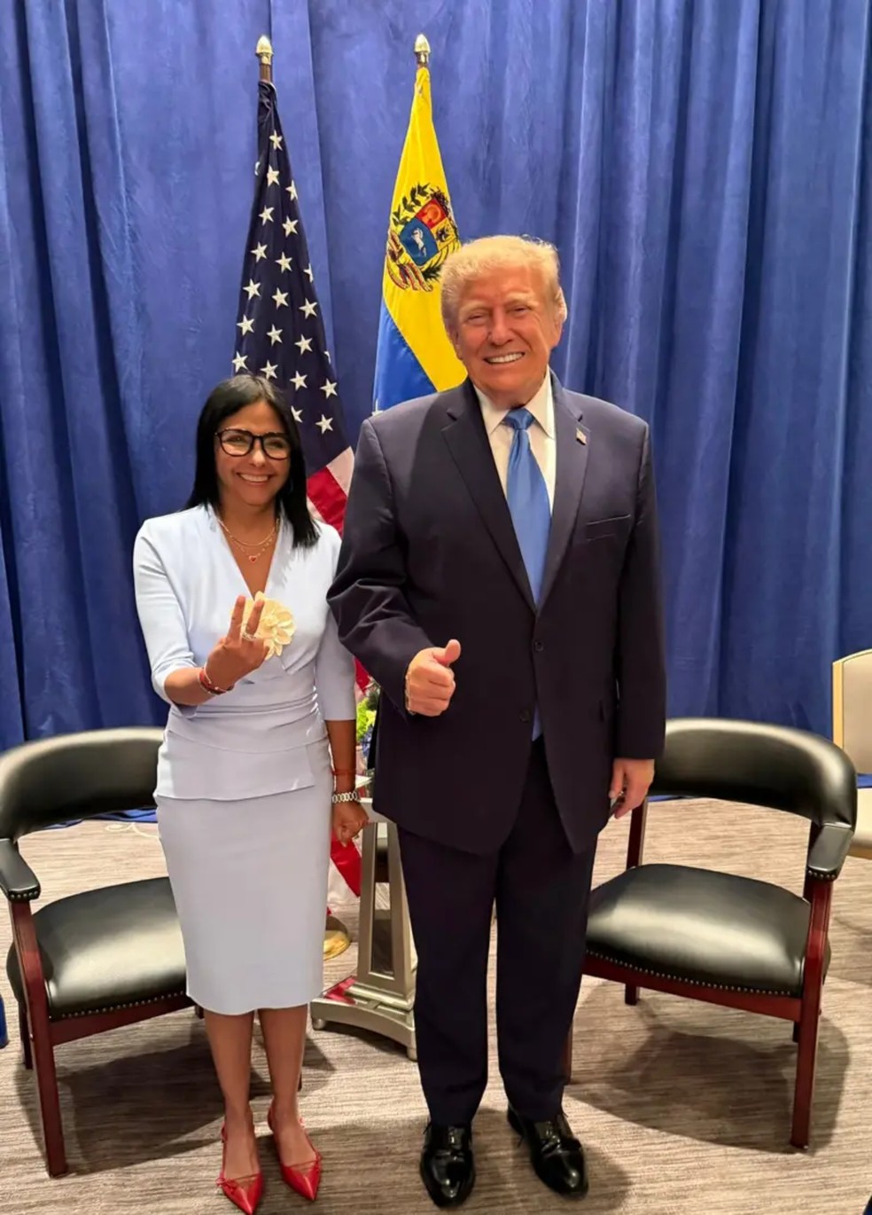 Trump e Delcy Rodríguez se encontraram na noite de terça-feira (22/9), em Nova York — Foto: X/Delcy Rodríguez