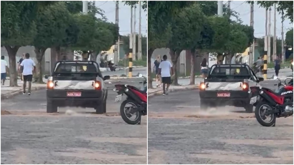 Cachorro morto é arrastado amarrado em traseira de veículo pelas ruas de Mauriti, no interior do Ceará — Foto: Reprodução