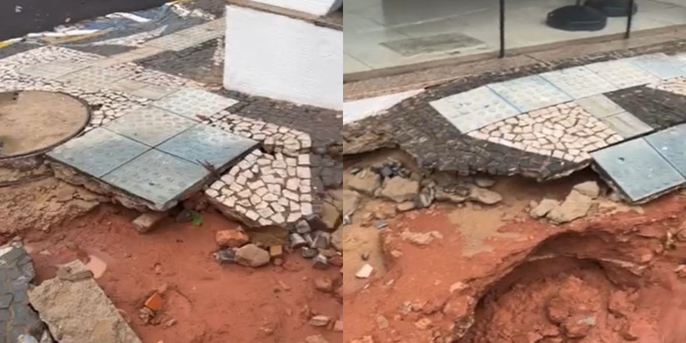 3 de 3
Calçada da Rua Aimorés chegou a ficar destruída pela força da enxurrada. — Foto: Daniele - O Melhor de Tupã