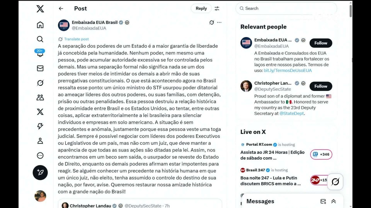 Embaixada dos EUA publica novas críticas com referência a Moraes, um dia após explicações do Itamaraty