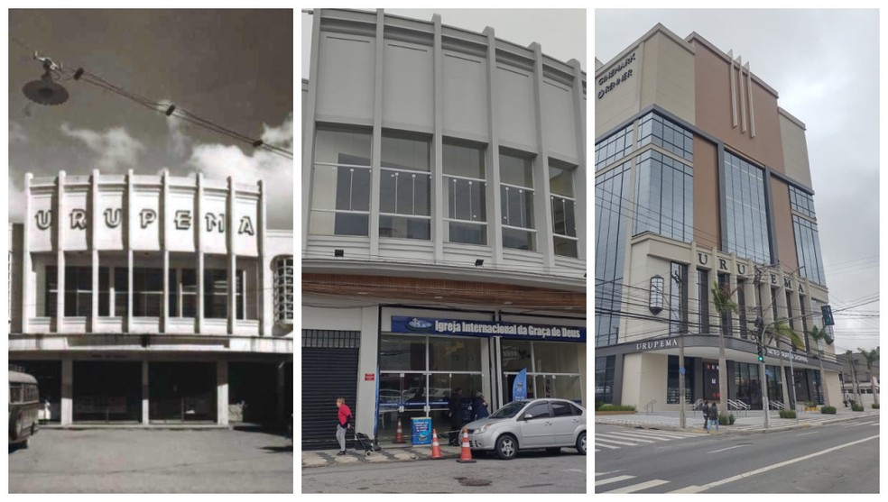 Igreja evangélica funciona no prédio do antigo Urupema que deu nome a novo shopping. Facha do centro de compras lembra o prédio do antigo cinema. — Foto: Montagem (Arquivo Pessoal/ Chico Ornellas e Ralph Siqueira)