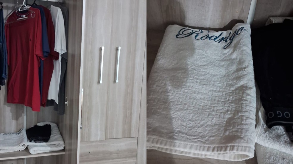 Roupas e toalha guardadas no quarto montado do hospital. — Foto: Reprodução