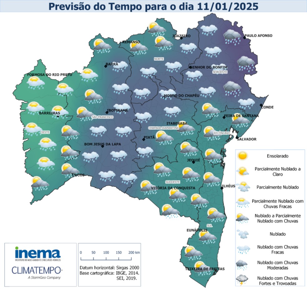 Mapa do Inema mostra previsão do tempo para sábado (11) na Bahia — Foto: Divulgação/Inema