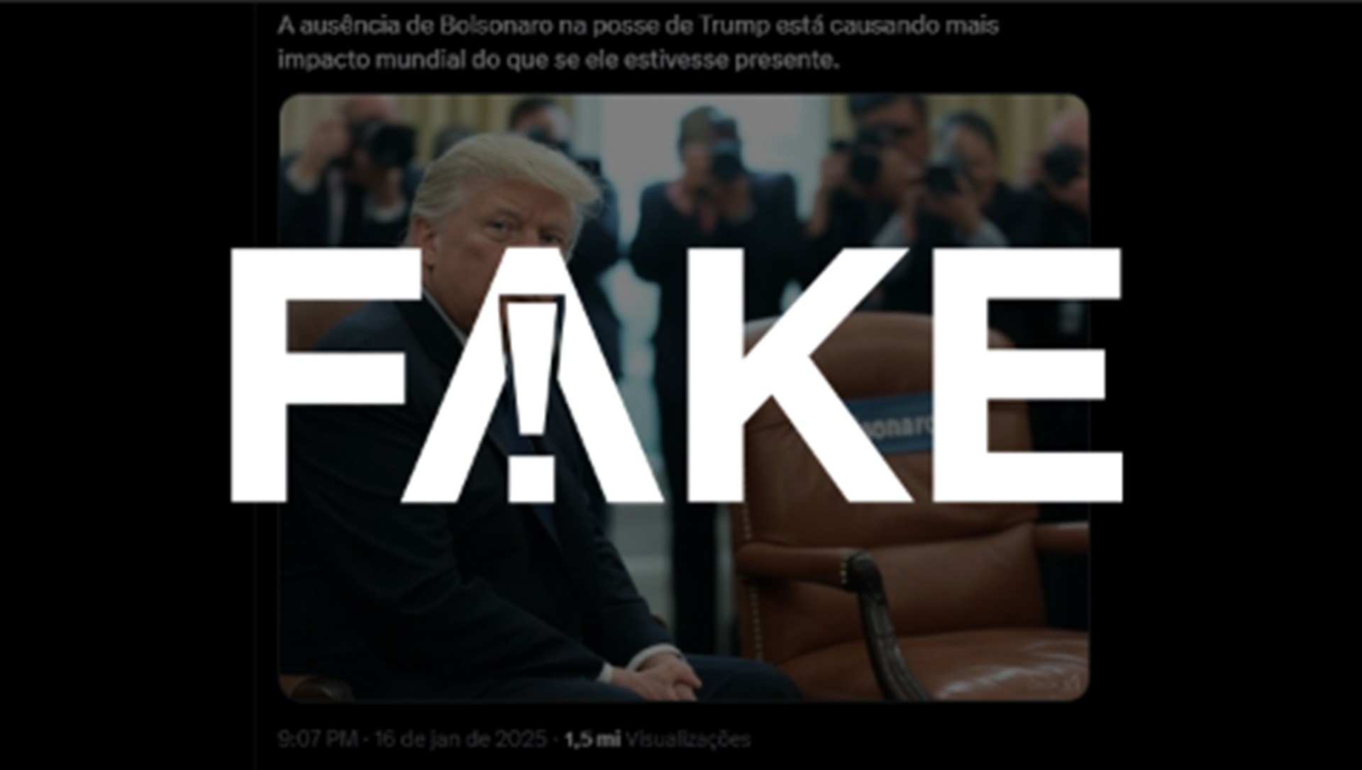 É #FAKE foto de Trump ao lado de cadeira com nome de Bolsonaro; imagem é de inteligência artificial