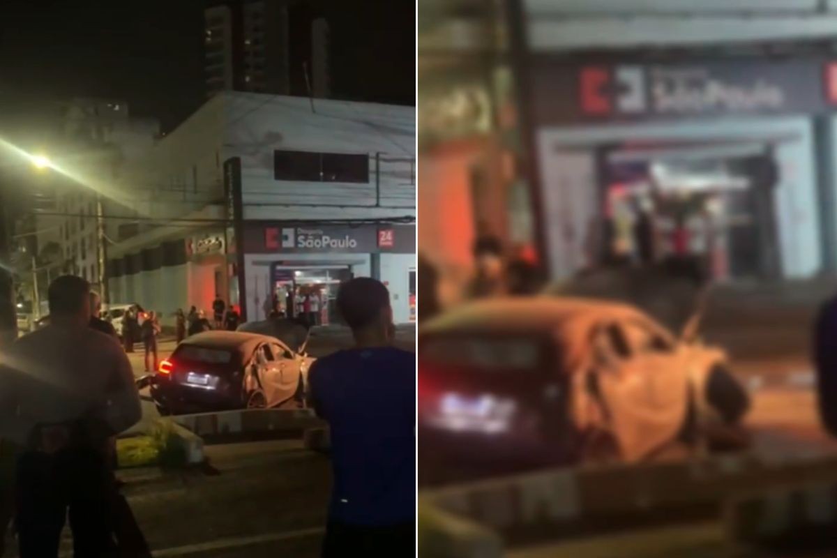 Carro pega fogo após bater contra poste e motorista fica ferido em Guarujá, SP