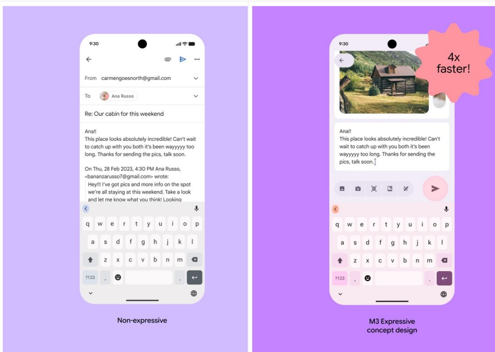 Comparação entre o novo Android 16 (à direita) e sistema antigo mostra diferença no botão "enviar" no app do e-mail, que agora fica acima do teclado virtual. Usuários encontraram o botão quatro vezes mais rápido, segundo o Google — Foto: Google