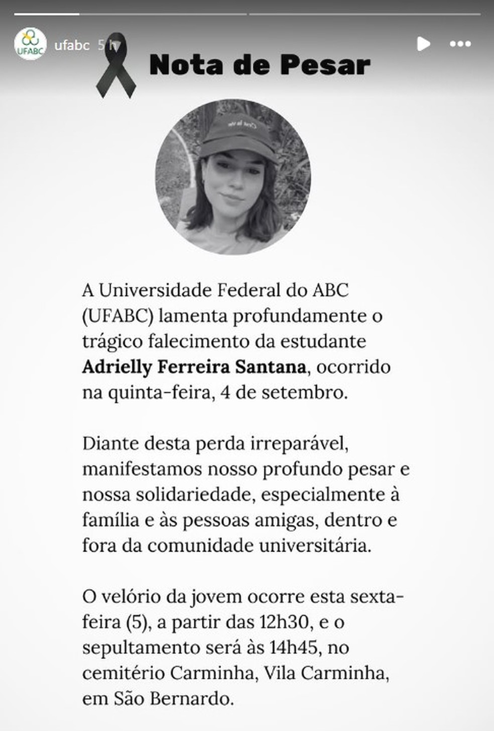 UFABC lamenta morte de Adrielly Santana — Foto: Reprodução/Instagram