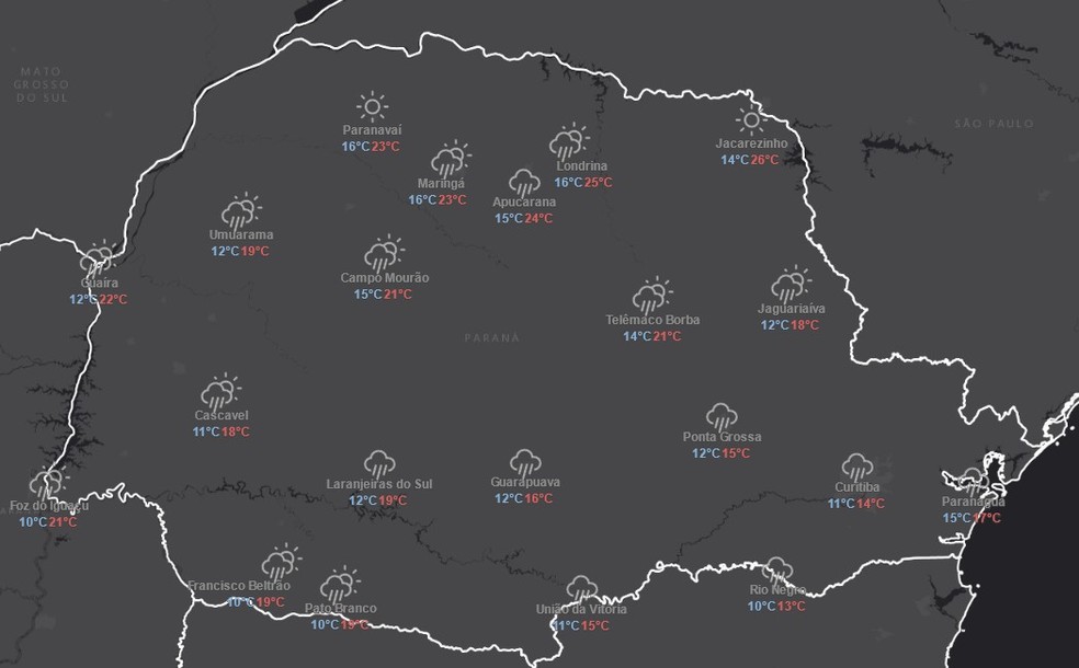 Previsão do tempo do Simepar para terça-feira, 26 de agosto — Foto: Reprodução/Simepar