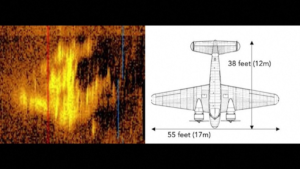 Comparação entre modelo do avião de Amelia Earhart e imagem de sonar obtida por equipe de exploração Deep Sea Vision. — Foto: Reprodução/Reuters