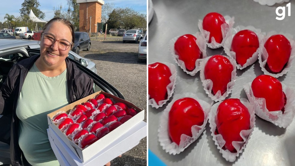 A doceira Elaine Sturbelle, pioneira nos doces caramelados na Fenadoce, em Pelotas, diz não estar dando conta dos pedidos por 'morango do amor' — Foto: Arquivo pessoal/Elaine Sturbelle