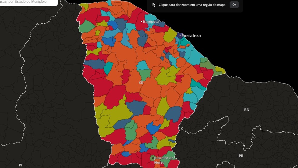 Mapa interativo mostra partidos que mais elegeram prefeitos no Ceará — Foto: Reprodução