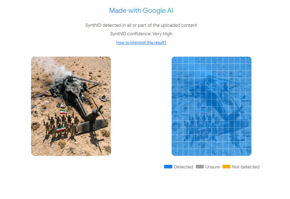 SynthID detectou nos pontos azuis a presença da marca d'água de IAs do Google. — Foto: Reprodução