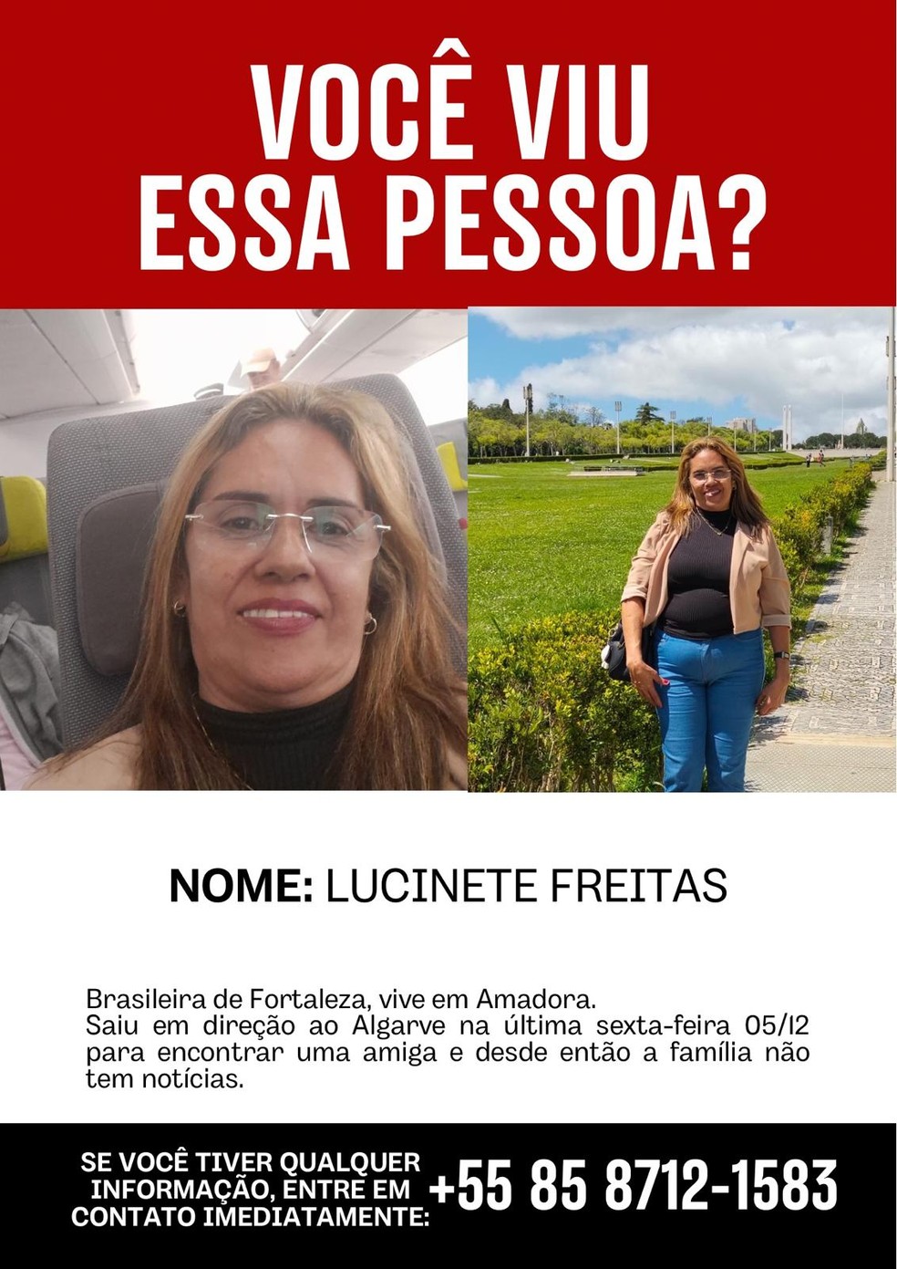 A cearense Lucinete Freitas, que mora em Portugal, manteve o último contato com o marido em 5 de dezembro. — Foto: Reprodução