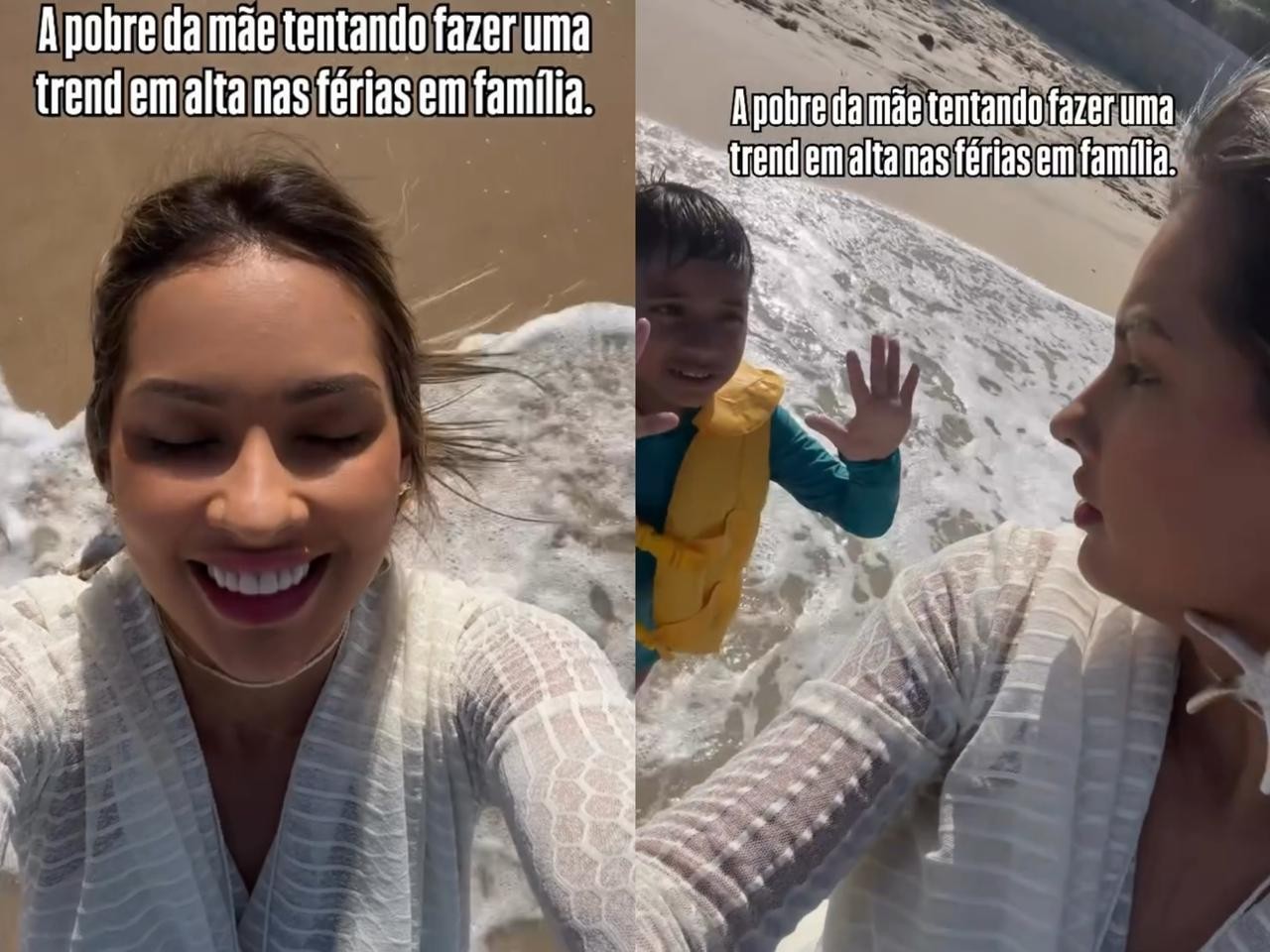 'Ô MÃE!' Rondoniense viraliza ao tentar gravar trend na praia e filho interromper vídeo para pedir picolé
